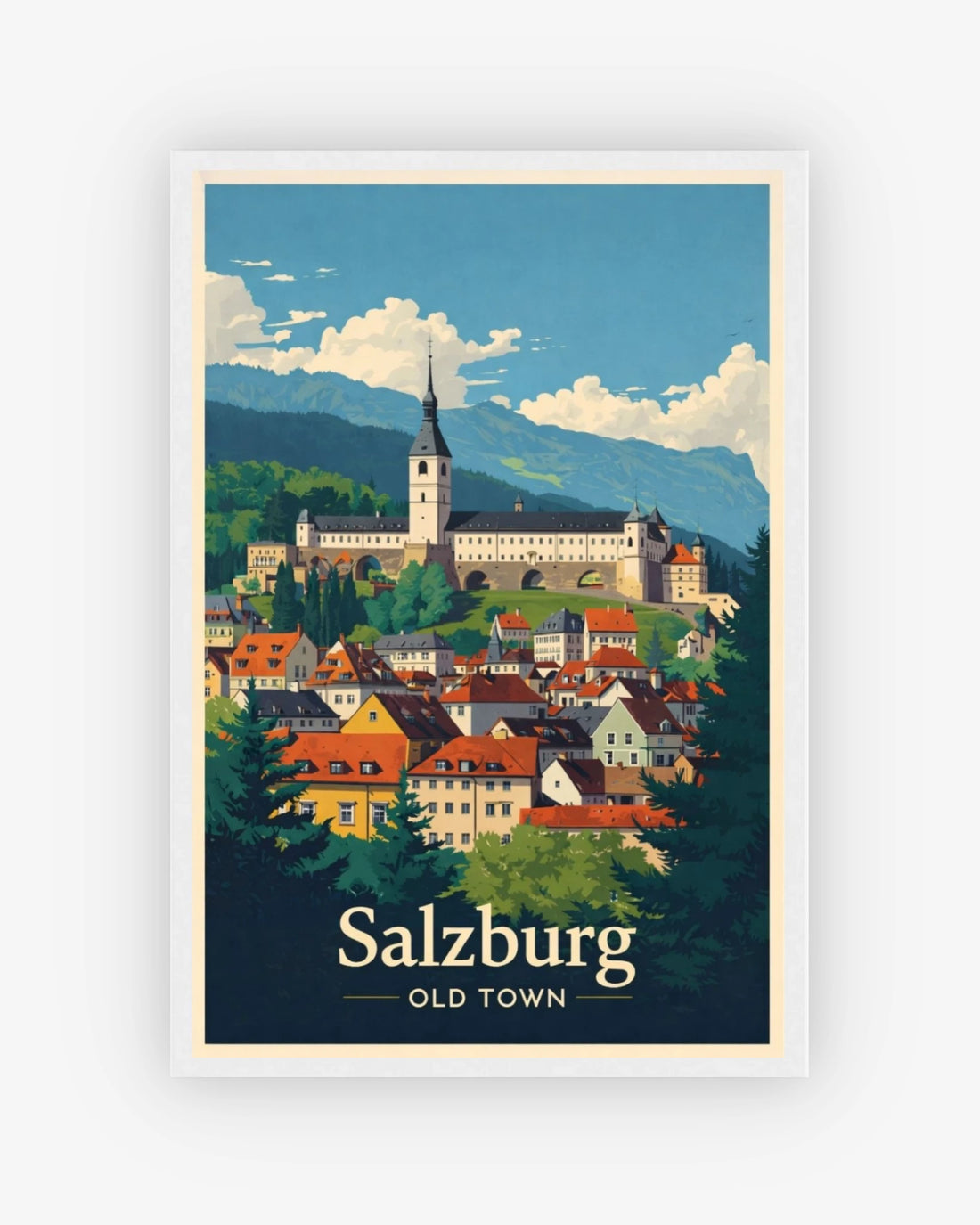 Salzburg Old Town travel poster with white frame