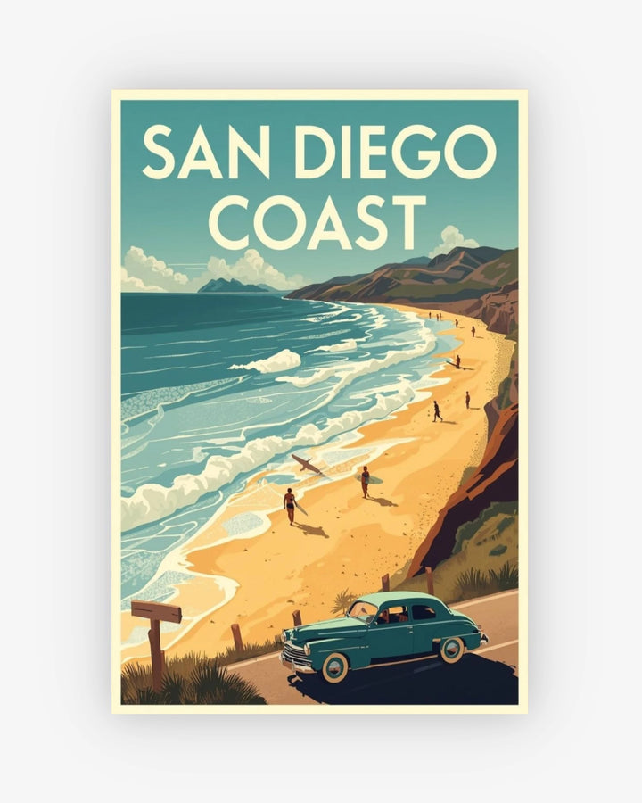 Vintage-style poster of the San Diego Coast with a beach scene and vintage car.