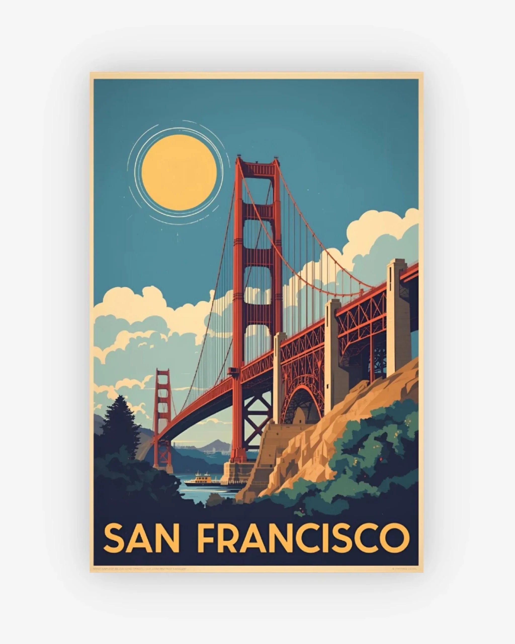 Vintage-style poster of the Golden Gate Bridge with 'San Francisco' text on a blue background.