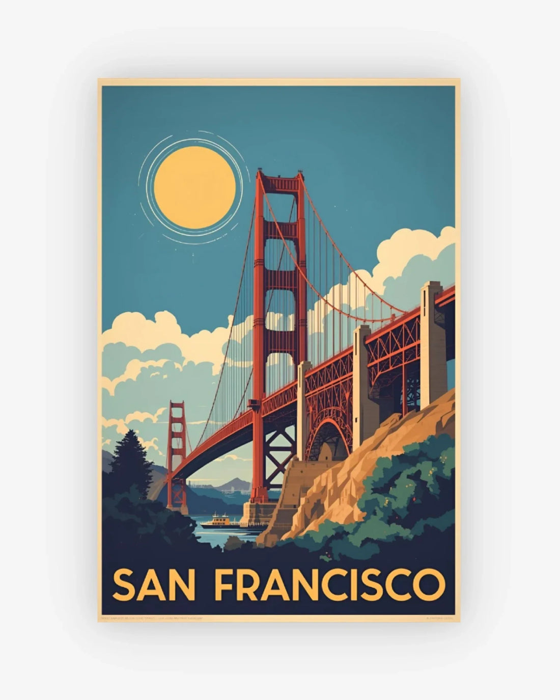 Vintage-style poster of the Golden Gate Bridge with 'San Francisco' text on a blue background.