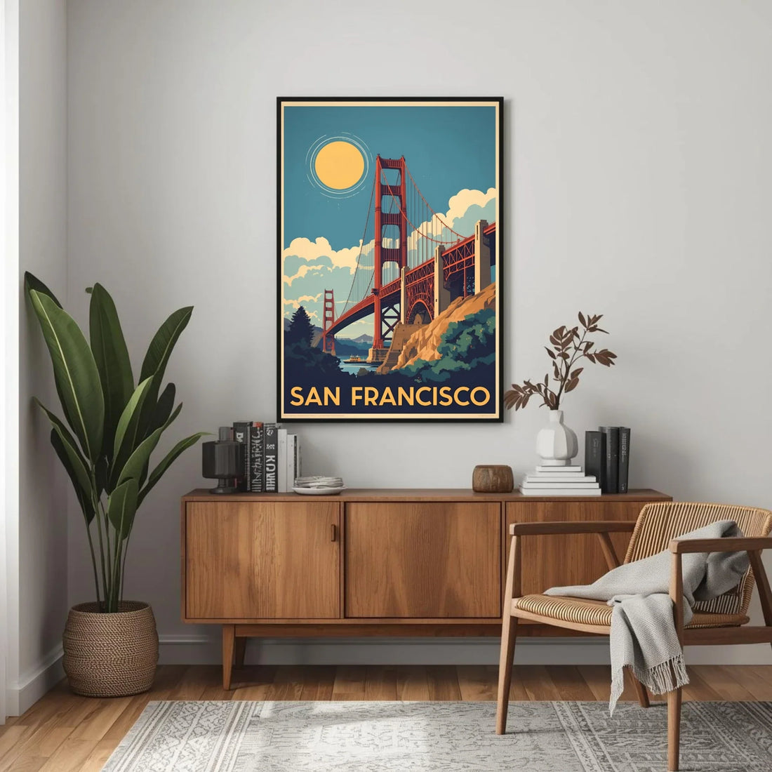 Living room with a 'San Francisco' framed poster on the wall, wooden sideboard, and chair.