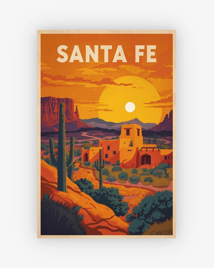Poster of Santa Fe with a sunset over a pueblo and cacti.