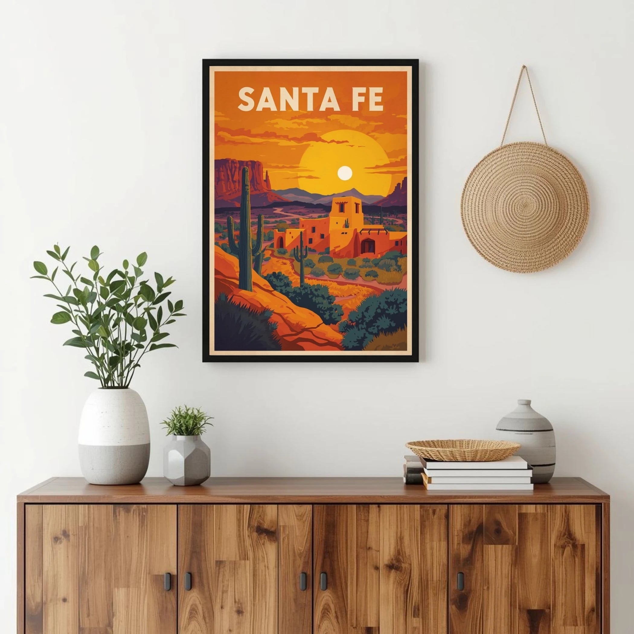 Framed 'Santa Fe' poster above a wooden cabinet with decorative items.