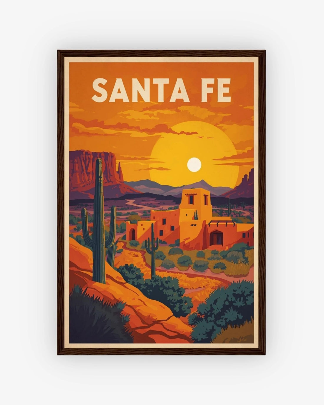 Santa Fe travel poster with dark wood frame