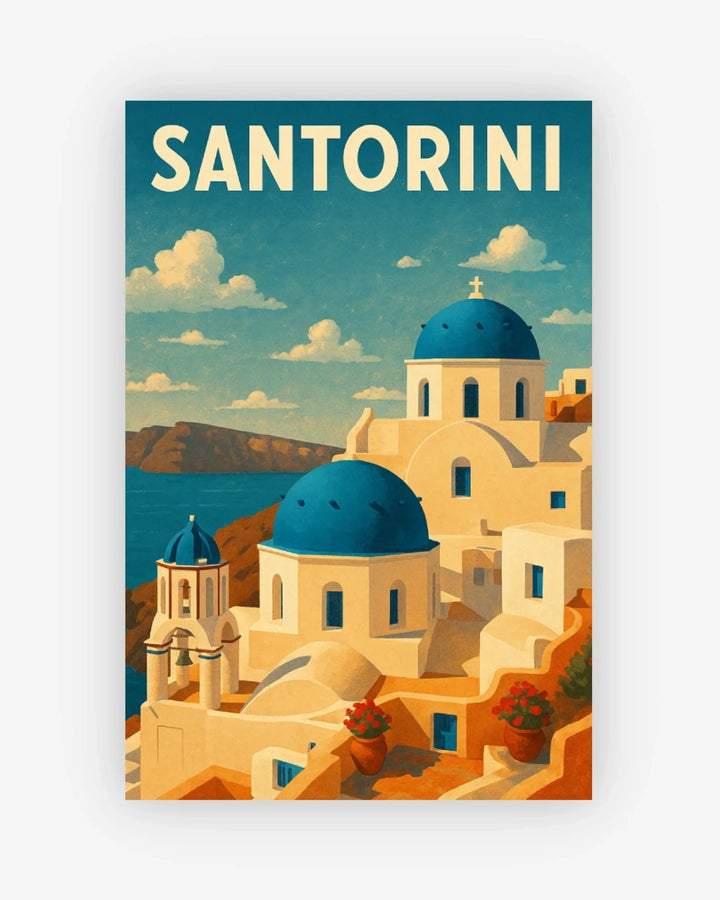 Santorini travel poster with blue domes and white buildings.