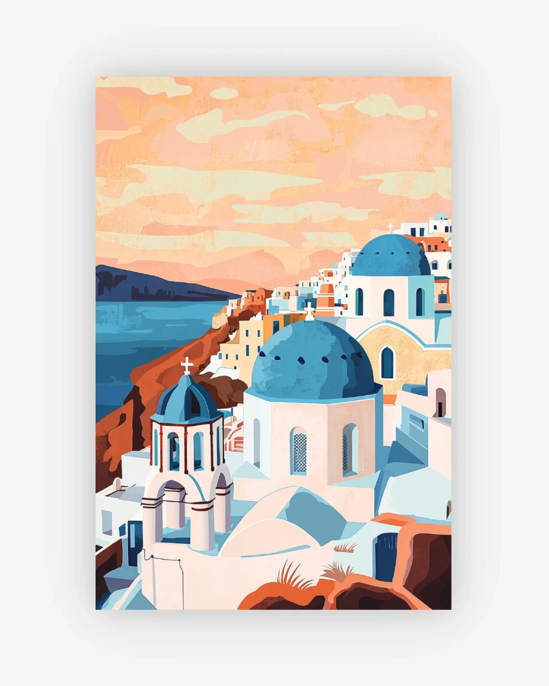 Colorful illustration of a coastal town with blue domes and a pink sky.