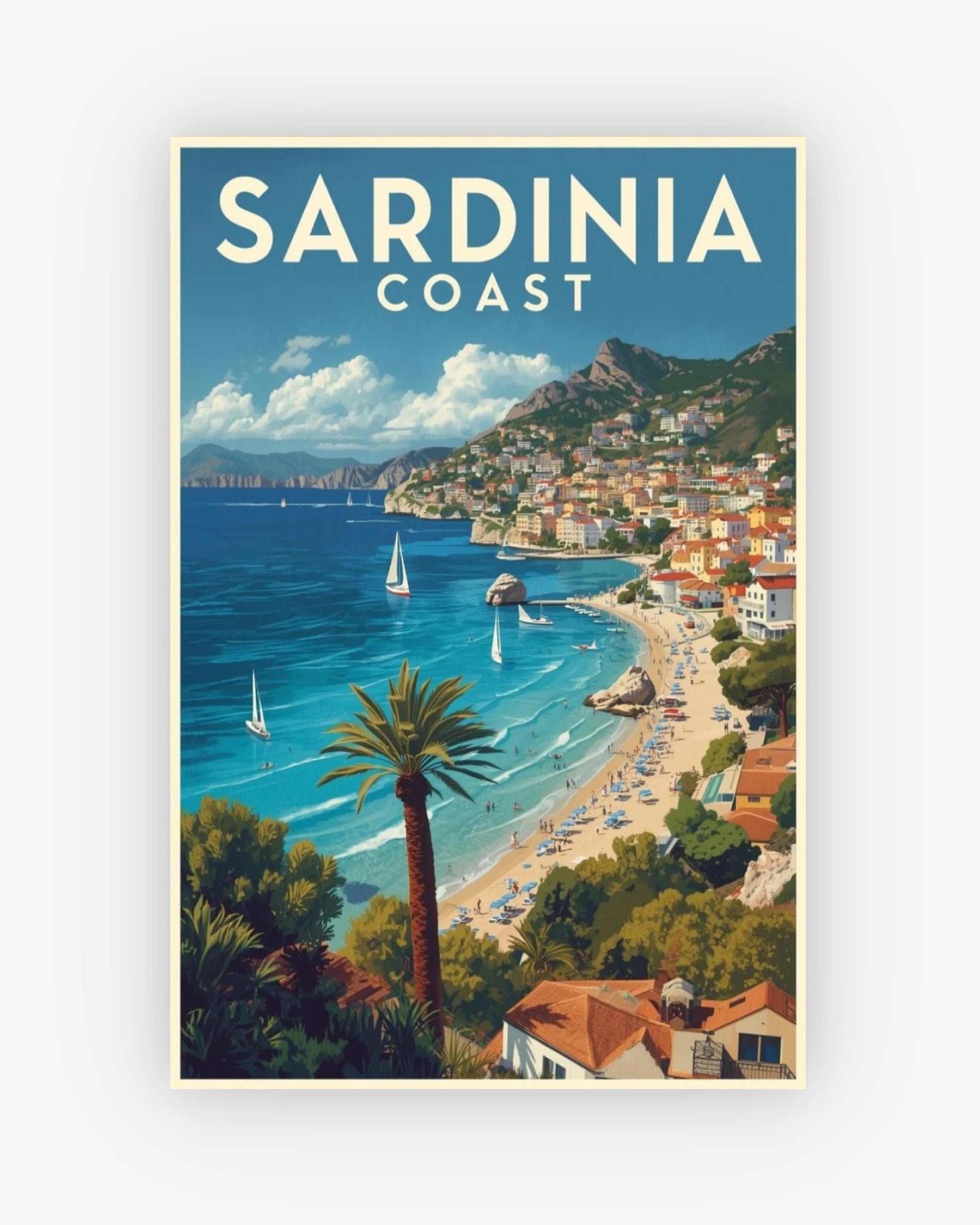Poster of Sardinia Coast with a scenic view of a coastal town, blue sky, and sea.