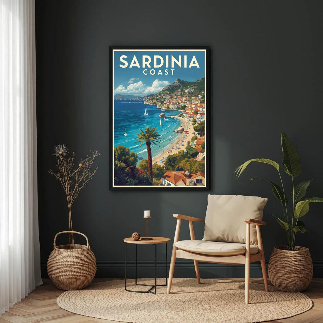 Framed artwork of Sardinia Coast on a dark wall above a wooden chair.