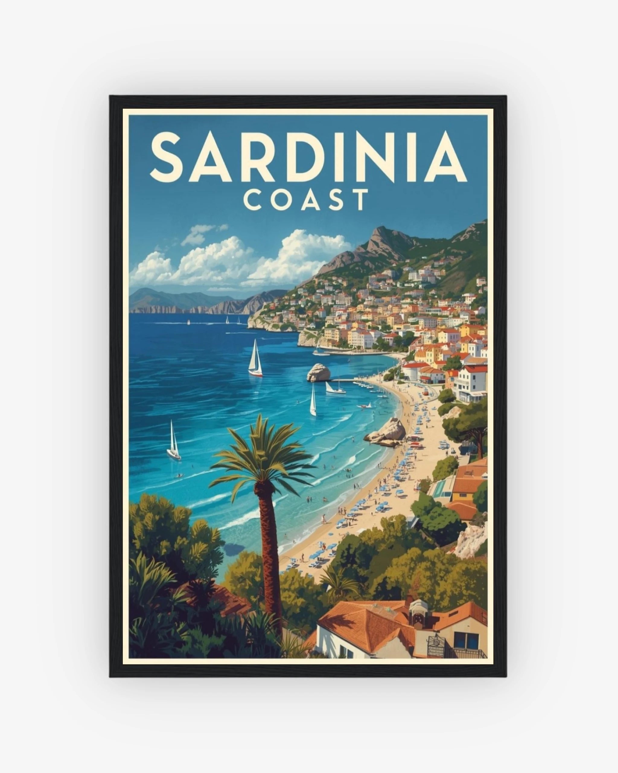 Sardinia Coast travel poster with black frame