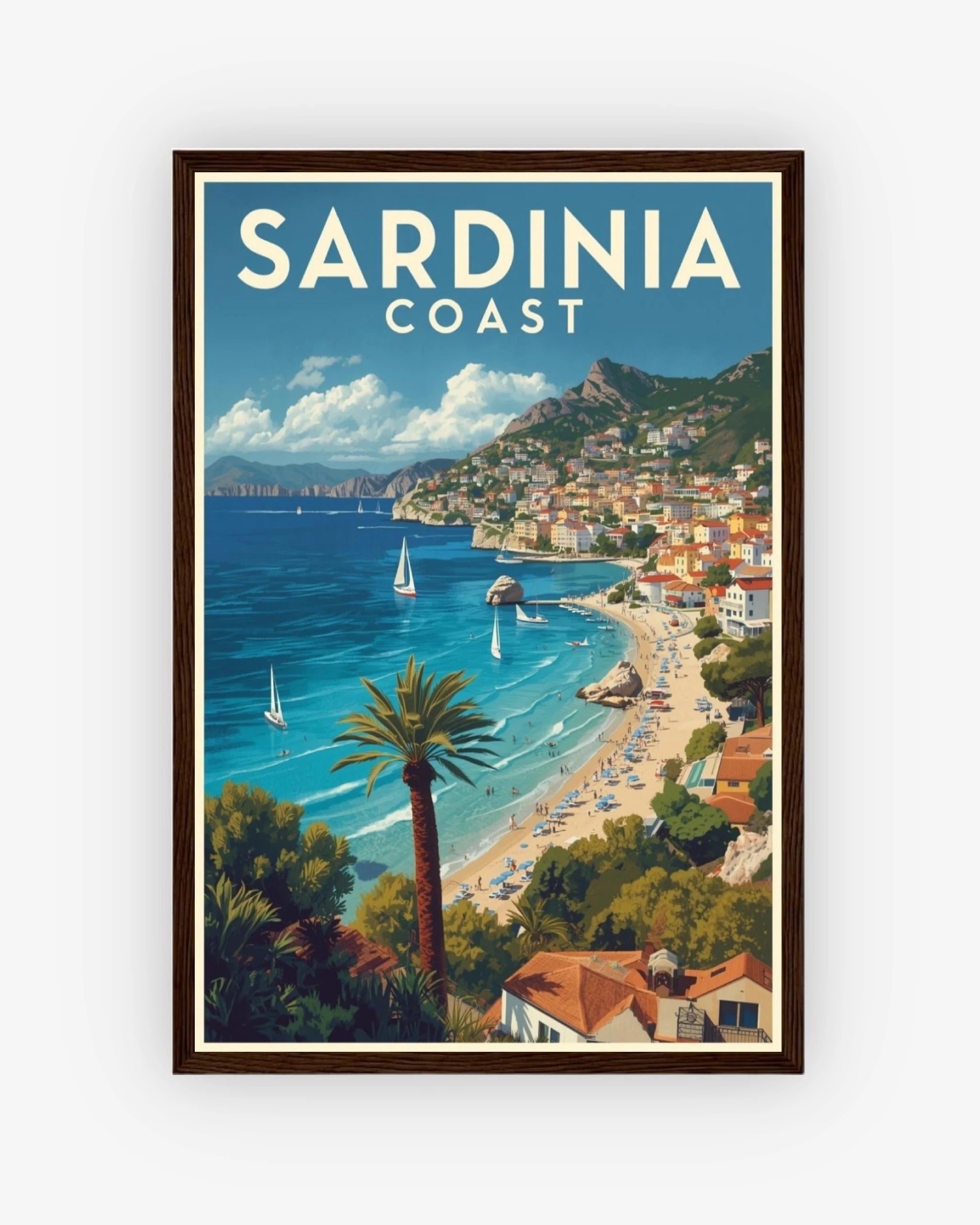 Sardinia Coast travel poster with dark wood frame