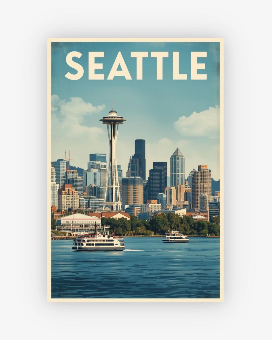 Vintage-style poster of Seattle with the Space Needle and city skyline.