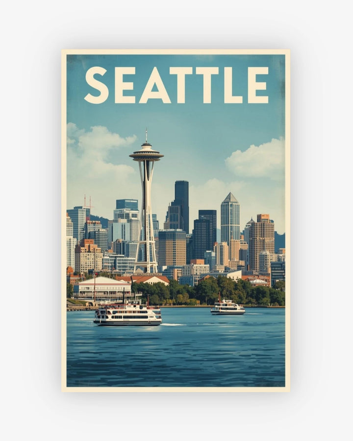Vintage-style poster of Seattle with the Space Needle and city skyline.