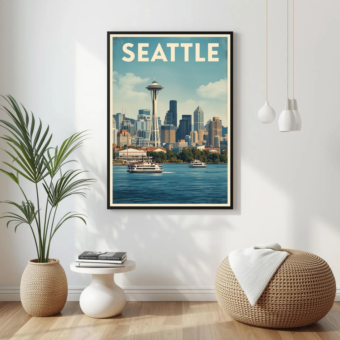 Framed artwork of Seattle with a cityscape and 'Seattle' text, placed on a wall in a room with decor elements.