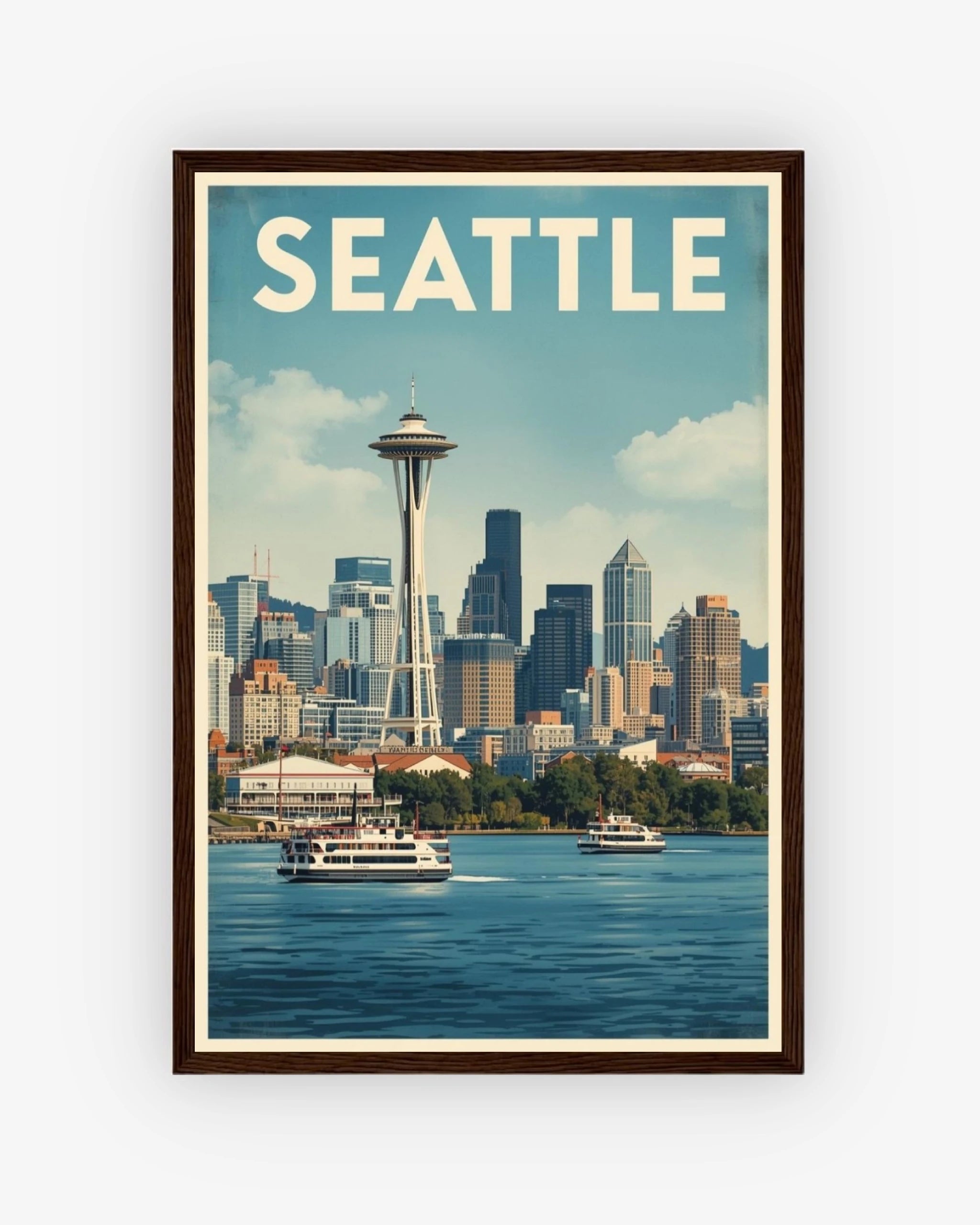 Seattle travel poster with dark wood frame