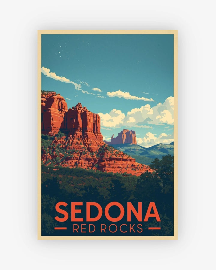 Framed poster of Sedona with red rock formations and blue sky.