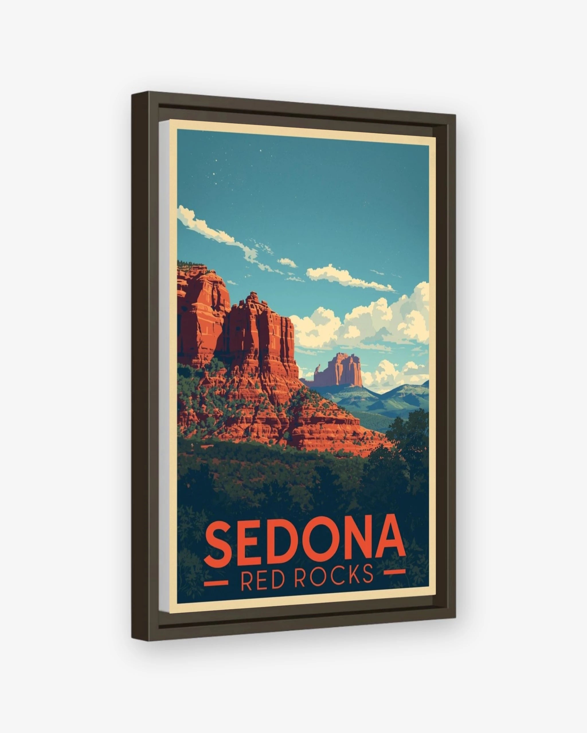 Sedona Red Rocks travel poster espresso framed canvas