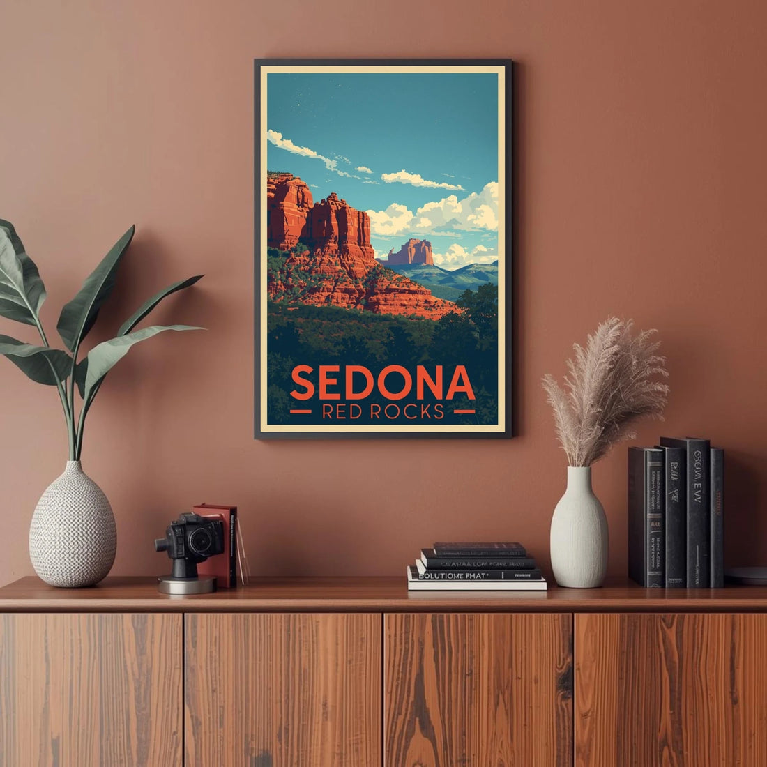 Framed Sedona Red Rocks poster on a wall above a wooden cabinet with decor items.