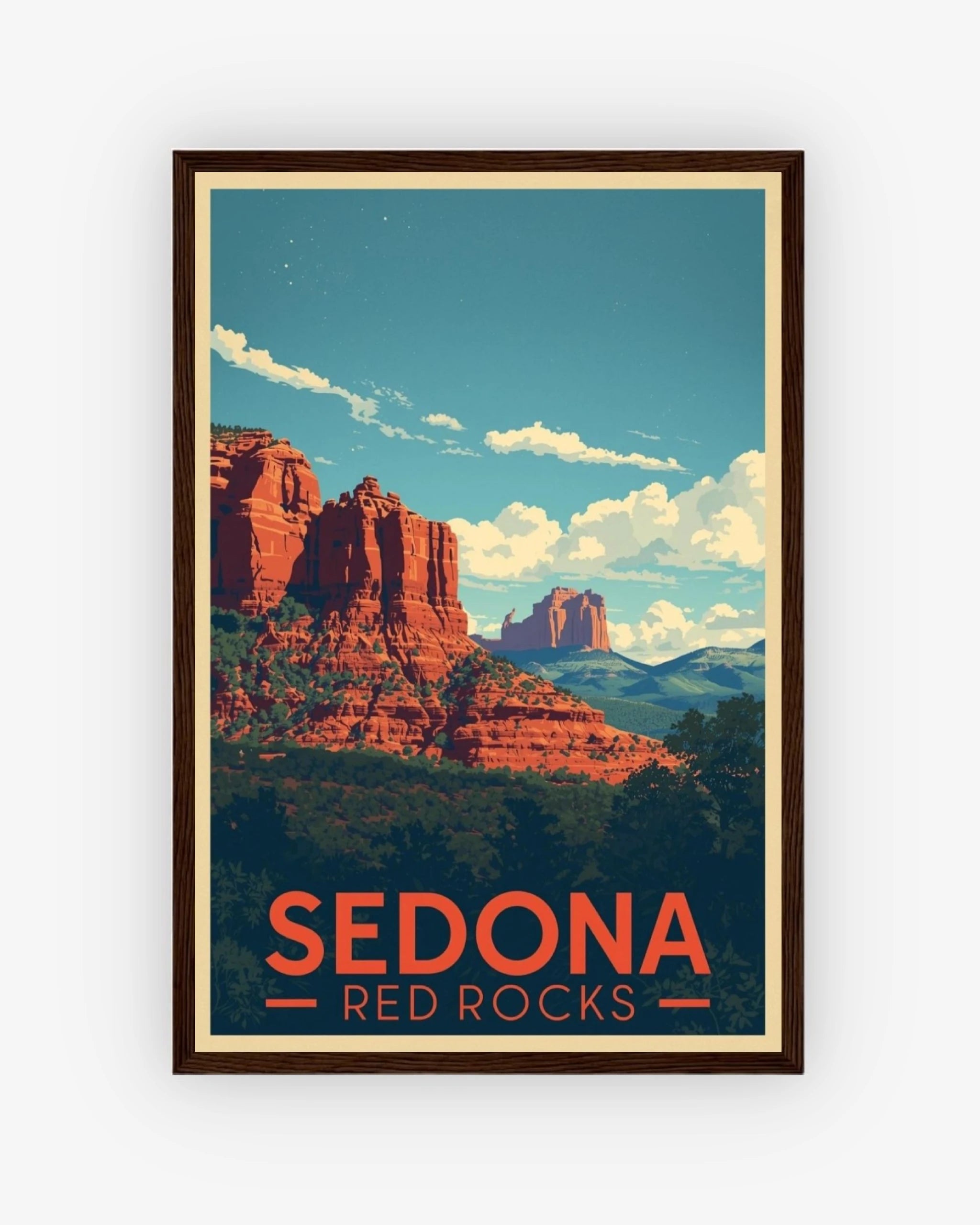 Sedona Red Rocks travel poster with dark wood frame