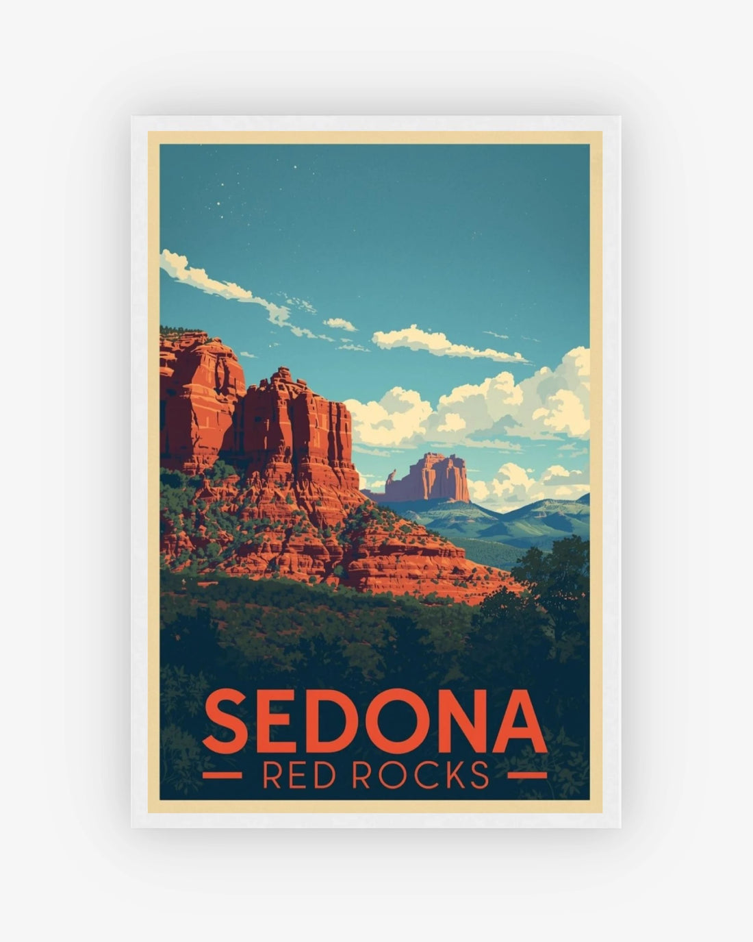Sedona Red Rocks travel poster with white frame