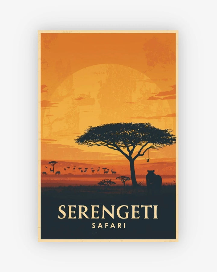 Safari-themed poster with sunset, tree, and animals on an orange and blue background.
