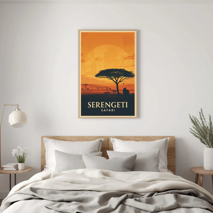 Bedroom with a 'Serengeti Safari' framed print on the wall
