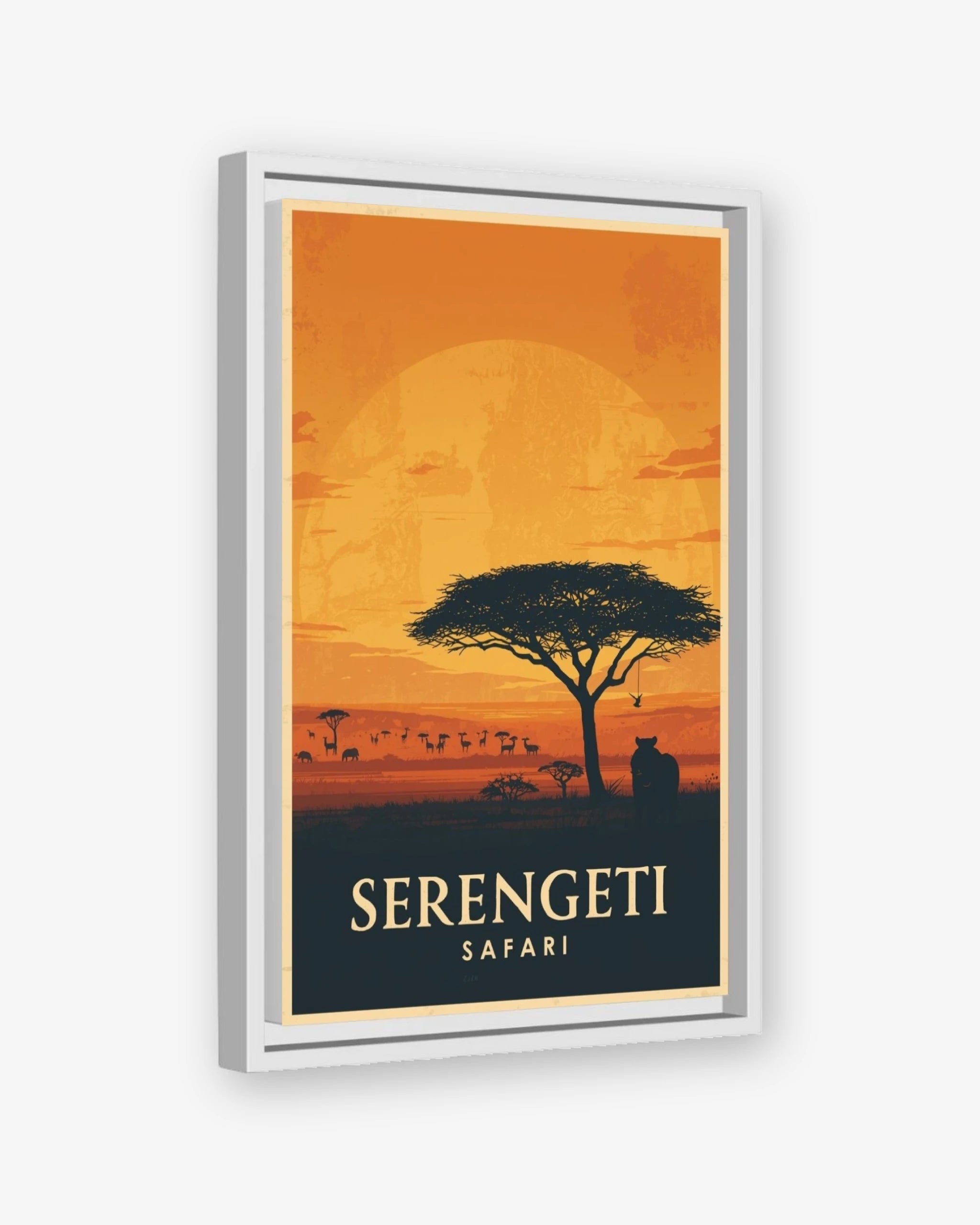 Serengeti Safari travel poster white framed canvas
