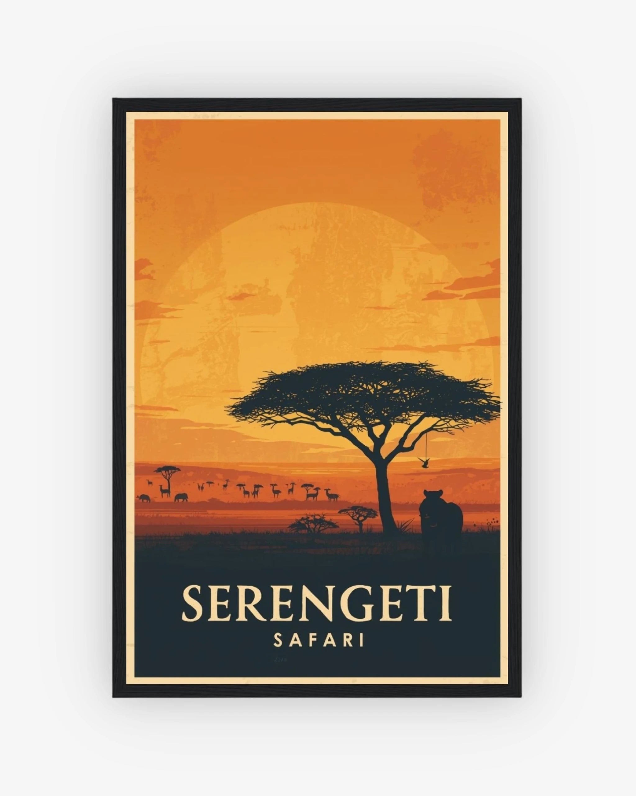 Serengeti Safari travel poster with black frame