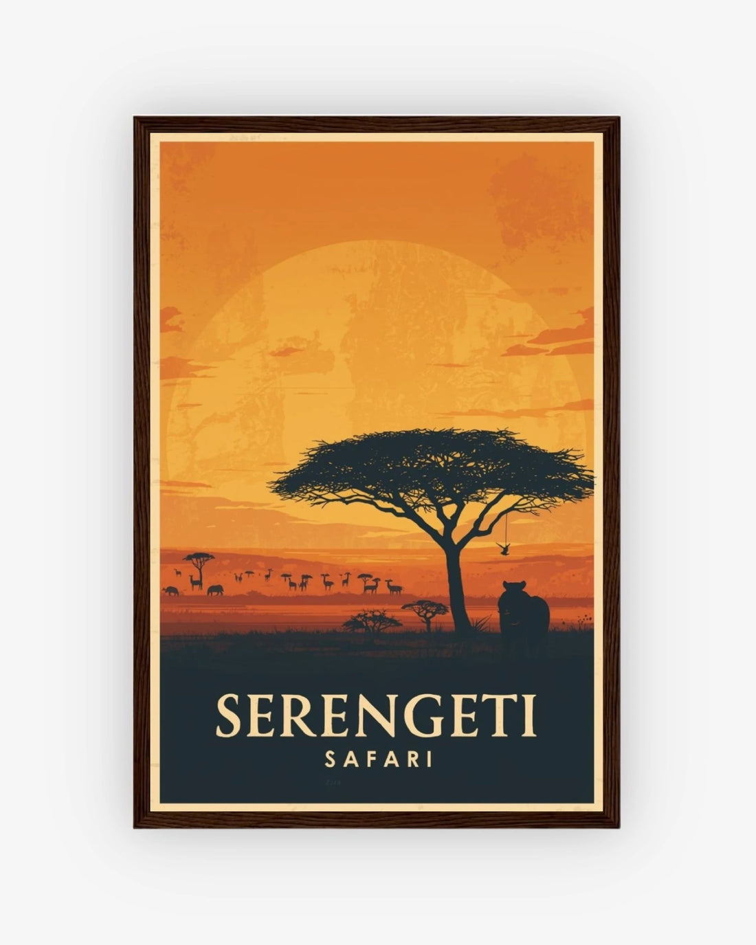 Serengeti Safari travel poster with dark wood frame