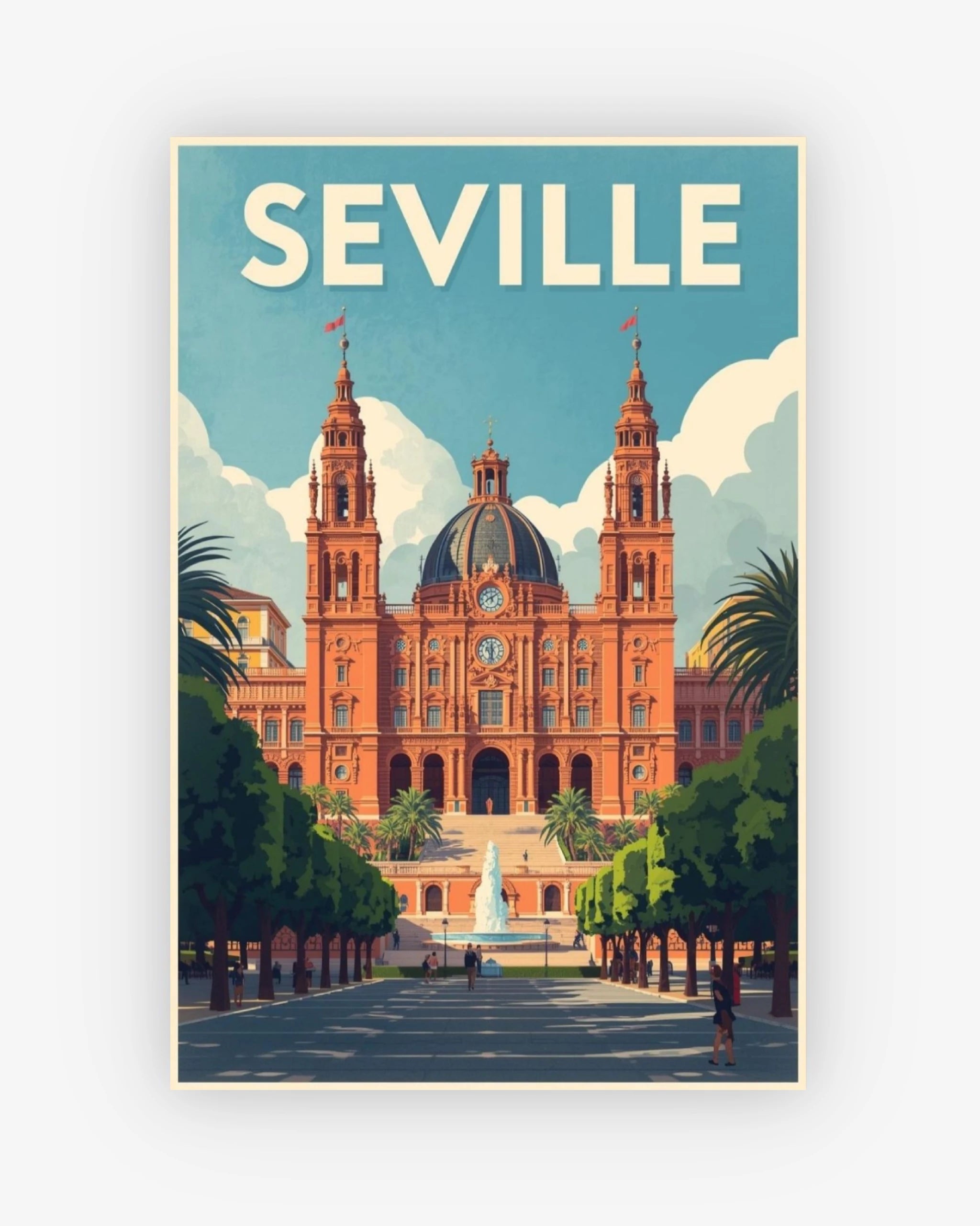 Poster of Seville with a large building and 'Seville' text on a blue background