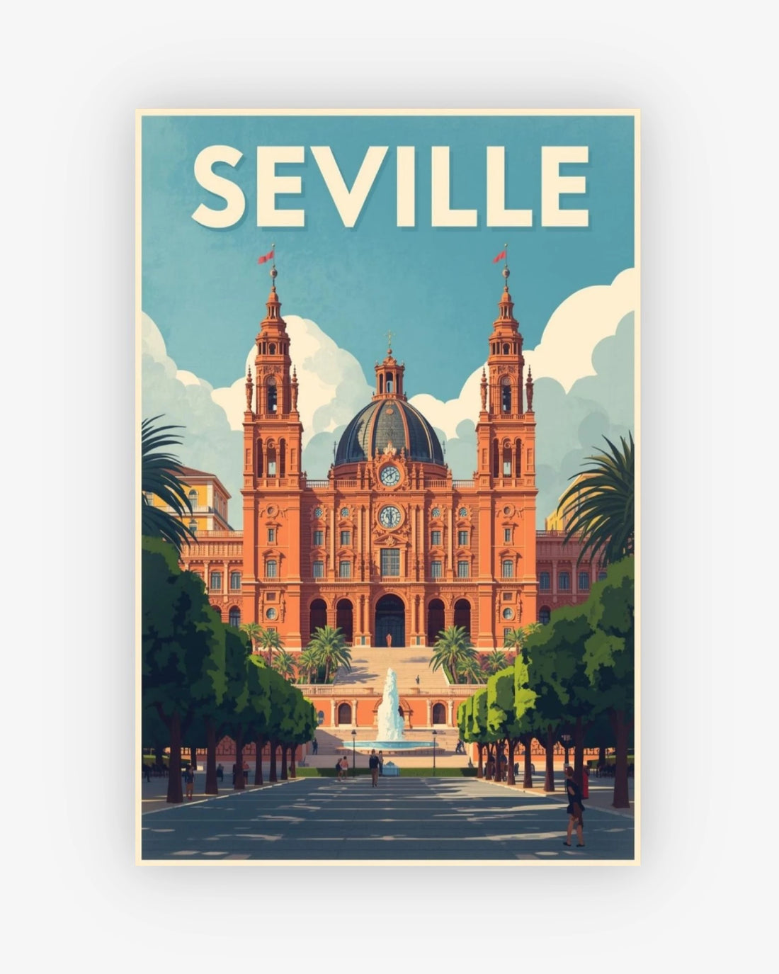 Poster of Seville with a large building and 'Seville' text on a blue background