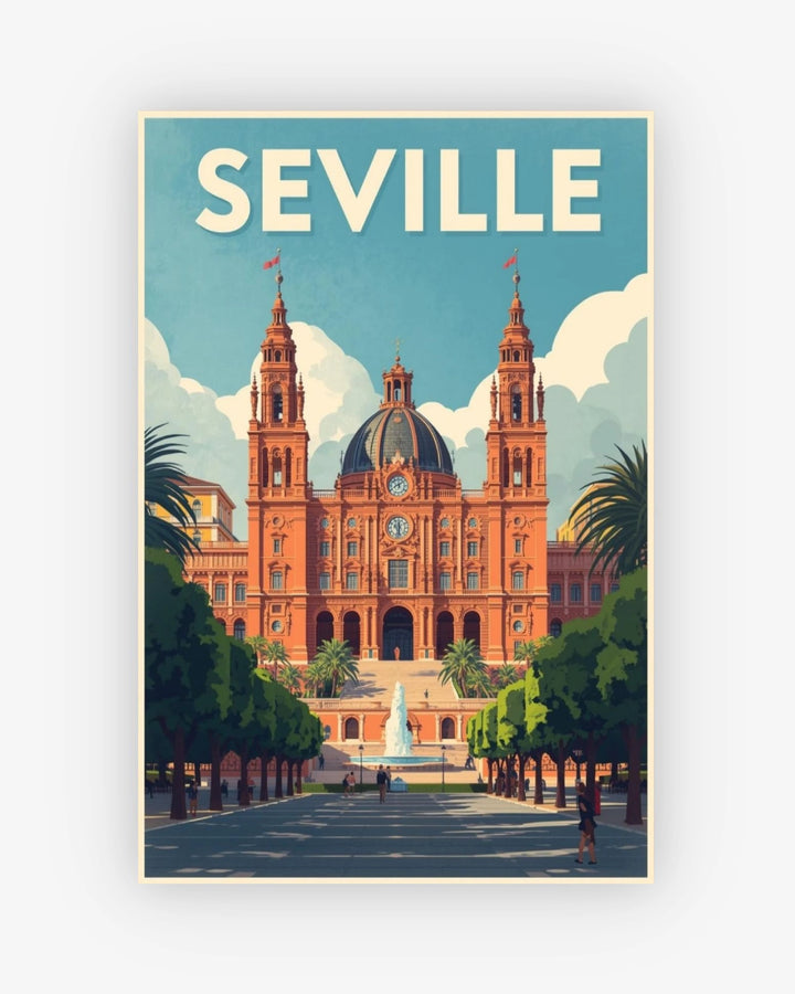 Poster of Seville with a large building and 'Seville' text on a blue background