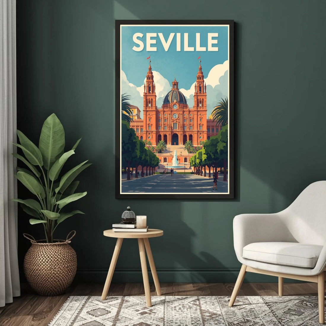 Framed poster of Seville on a wall above a small table and chair.