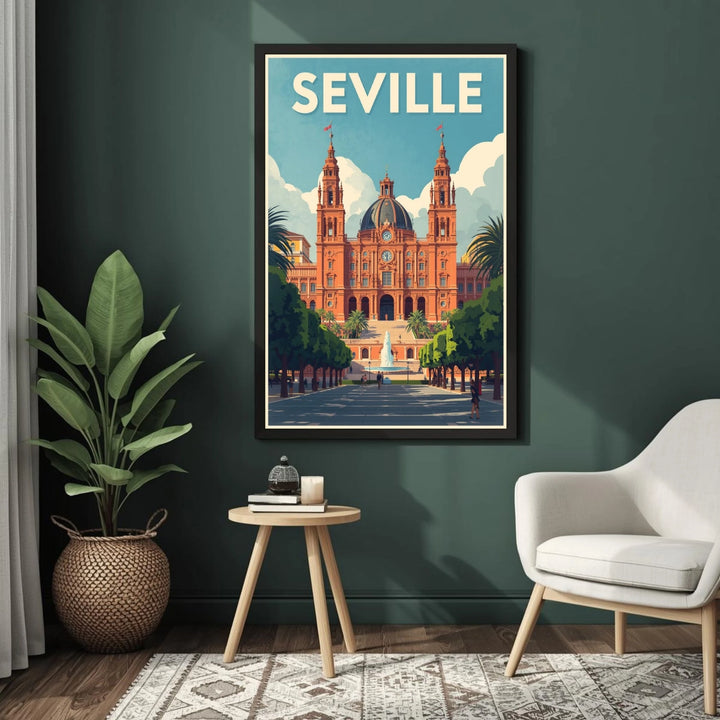 Framed poster of Seville on a wall above a small table and chair.