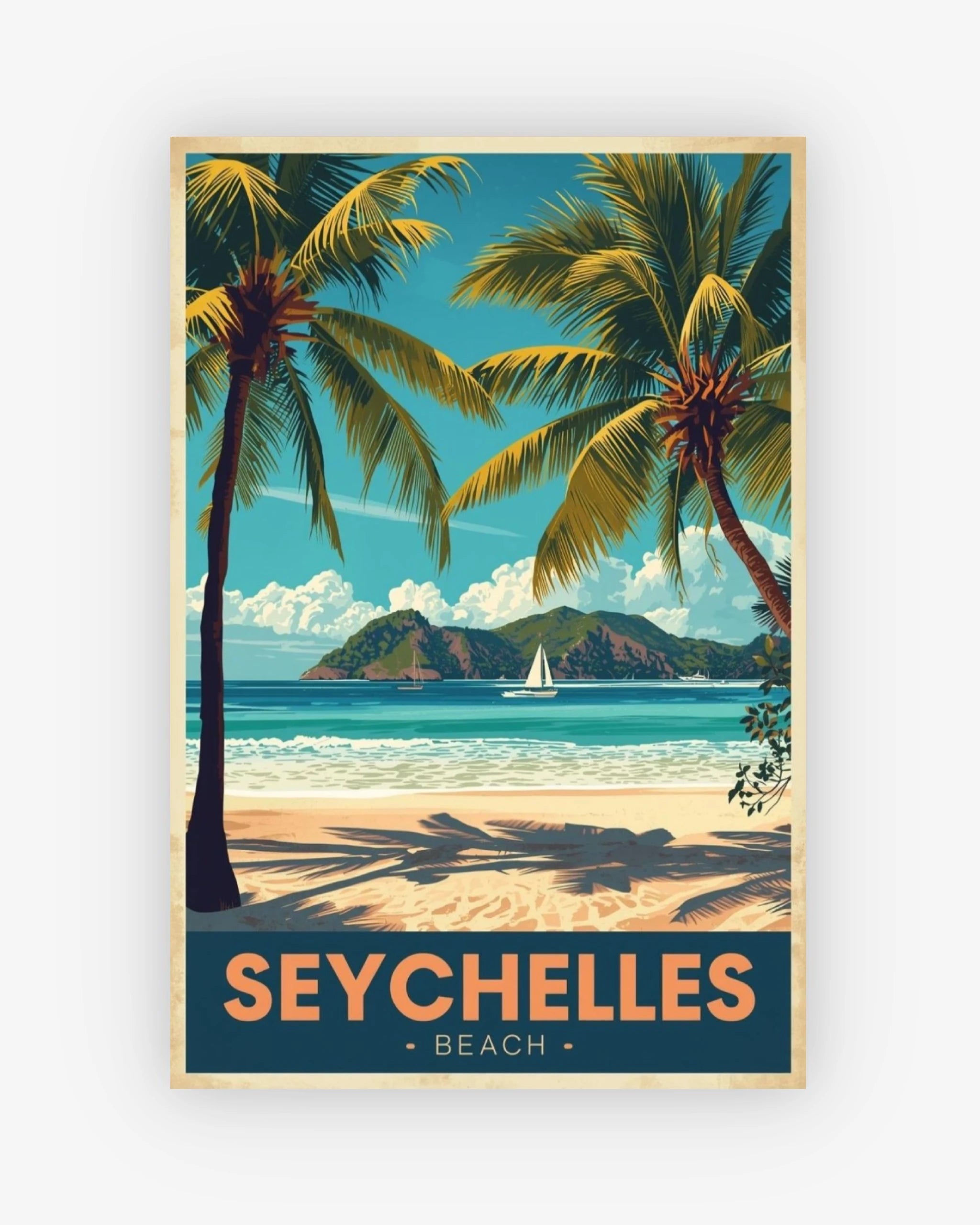 Poster of a tropical beach with palm trees and the word 'Seychelles' on a white background