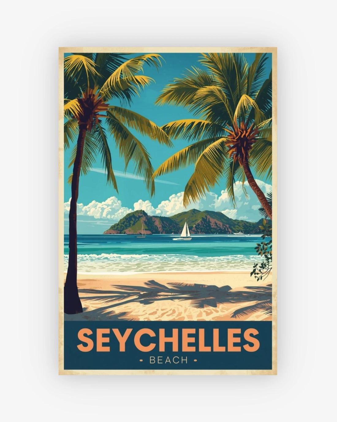 Poster of a tropical beach with palm trees and the word 'Seychelles' on a white background