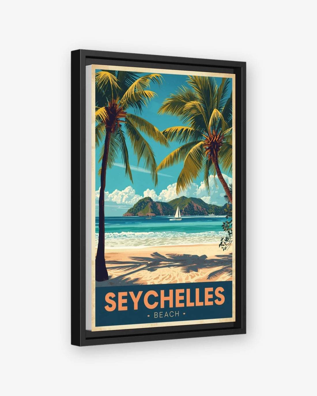 Seychelles Beach travel poster black framed canvas