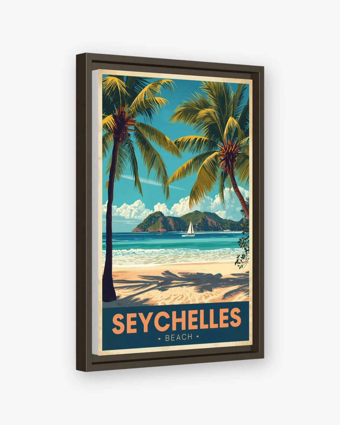 Seychelles Beach travel poster espresso framed canvas