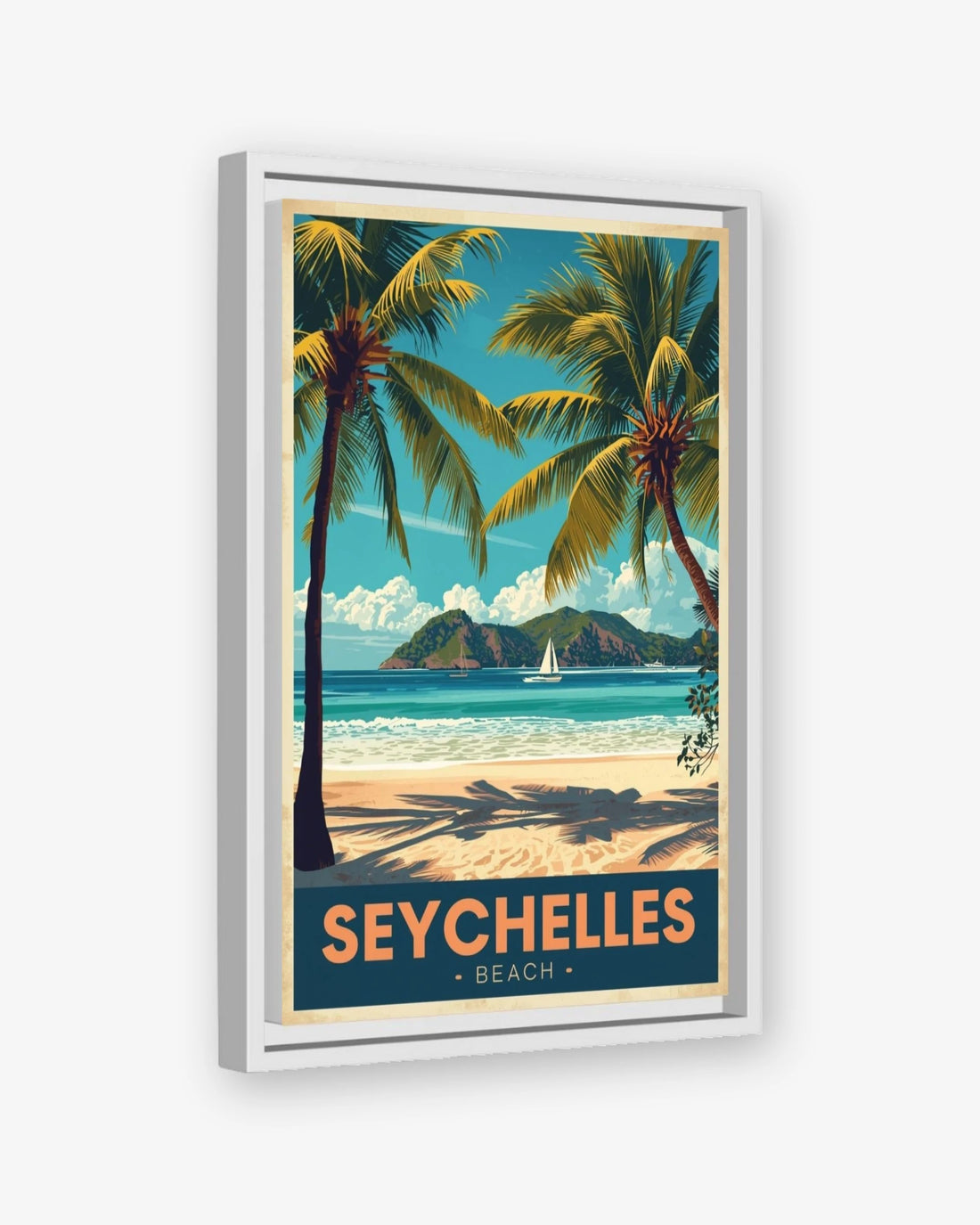 Seychelles Beach travel poster white framed canvas