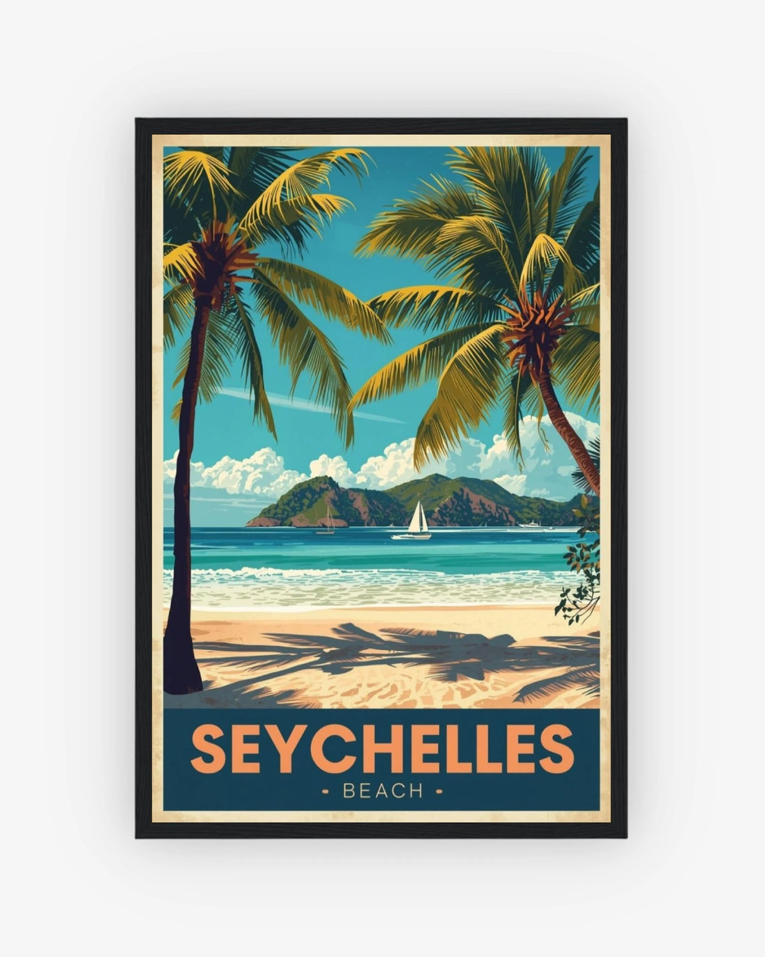 Seychelles Beach travel poster with black frame