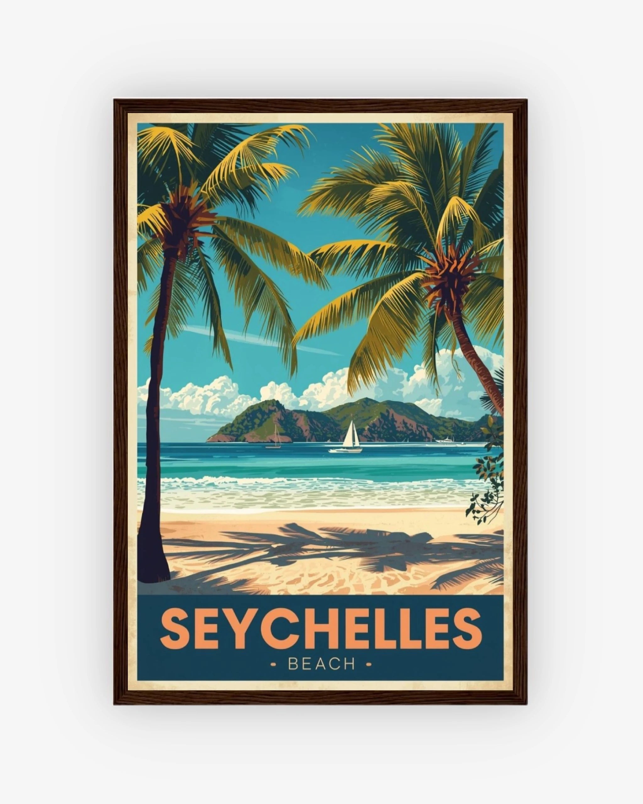 Seychelles Beach travel poster with dark wood frame