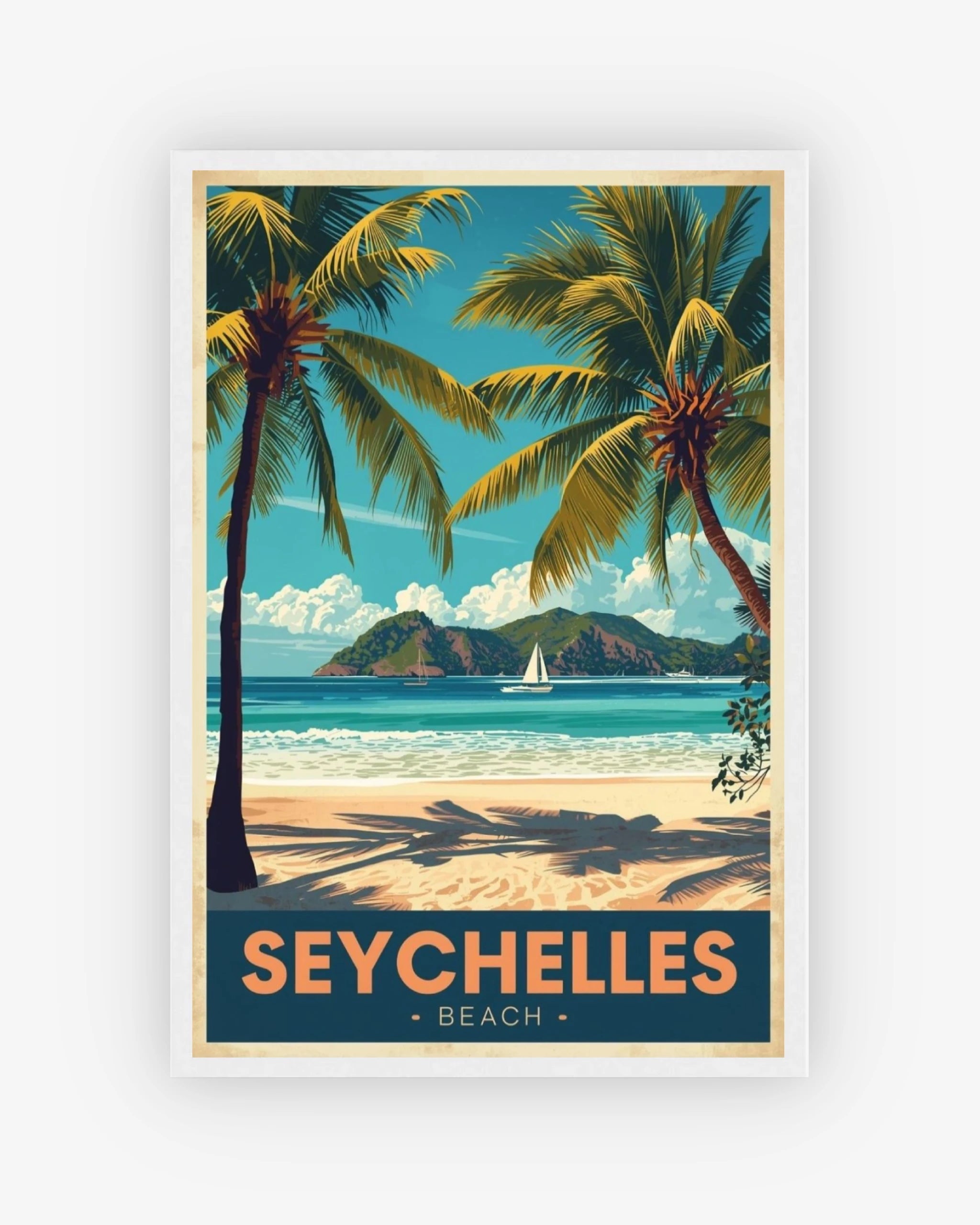 Seychelles Beach travel poster with white frame