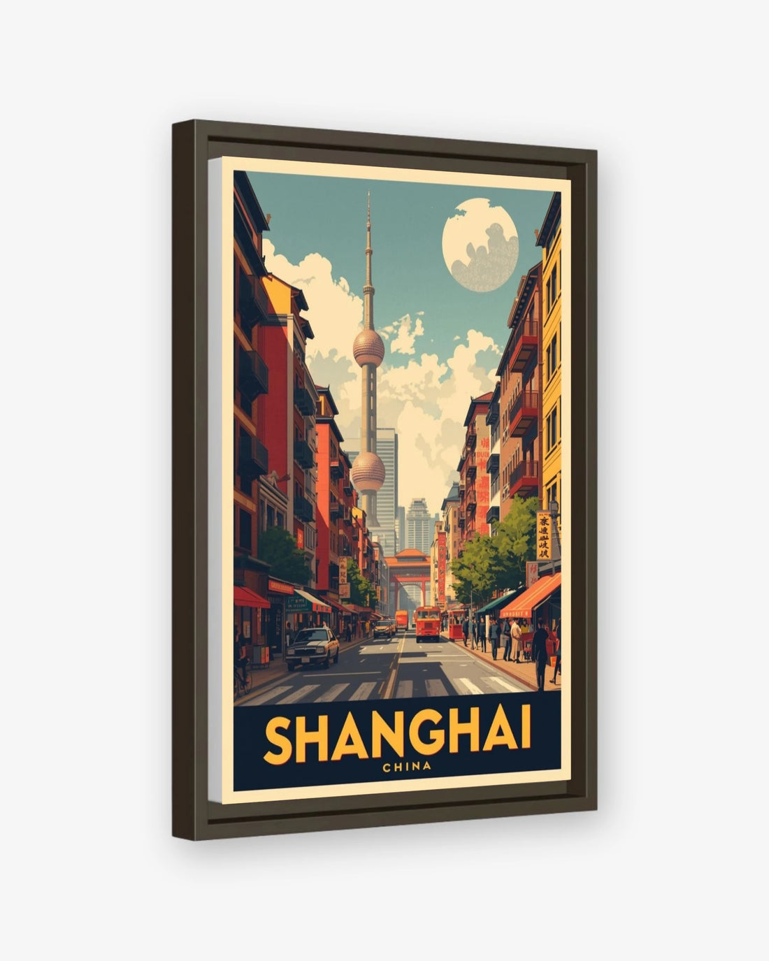 Shanghai China travel poster espresso framed canvas