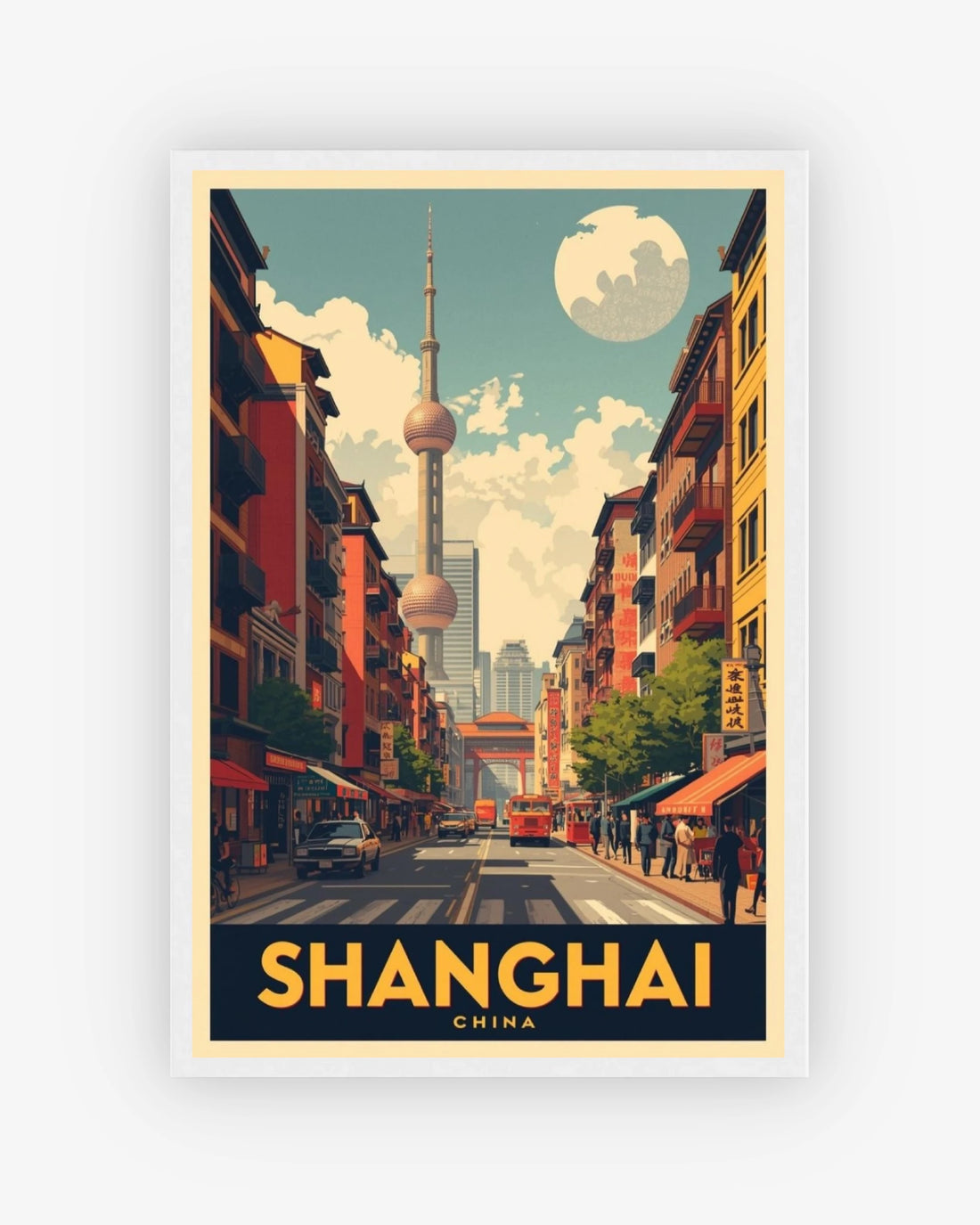 Shanghai China travel poster with white frame