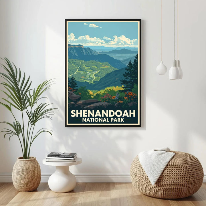 Framed poster of Shenandoah National Park in a room with decor elements.