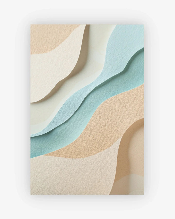 Abstract art piece with wavy lines in beige, brown, and blue on a white background