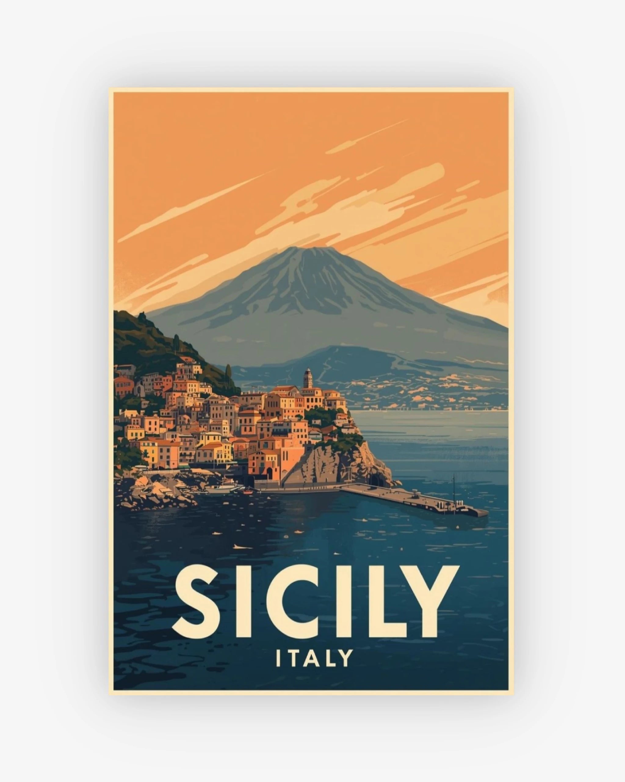 Vintage-style poster of a coastal town in Sicily, Italy with Mount Etna in the background.