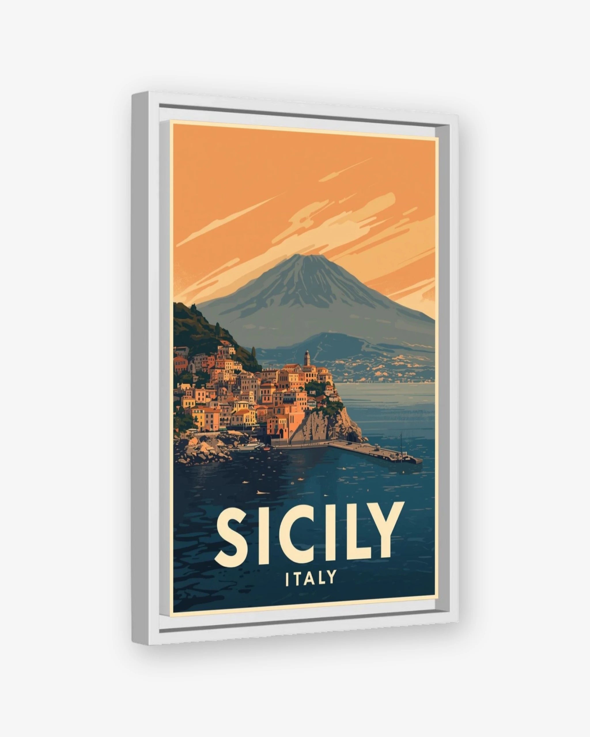 Sicily Italy travel poster white framed canvas