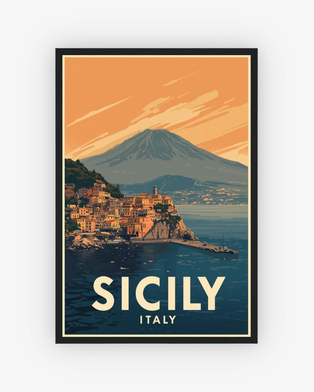 Sicily Italy travel poster with black frame