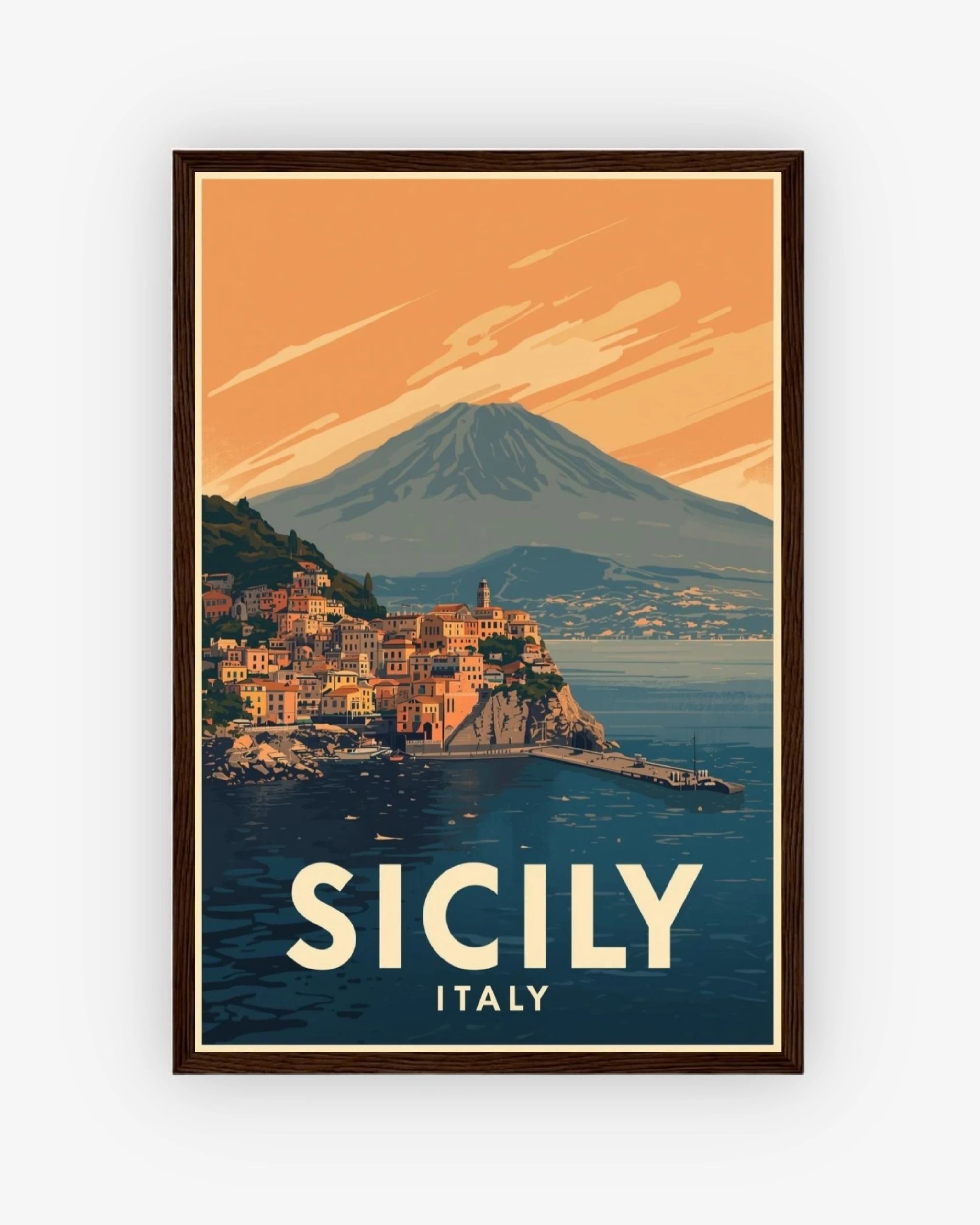 Sicily Italy travel poster with dark wood frame