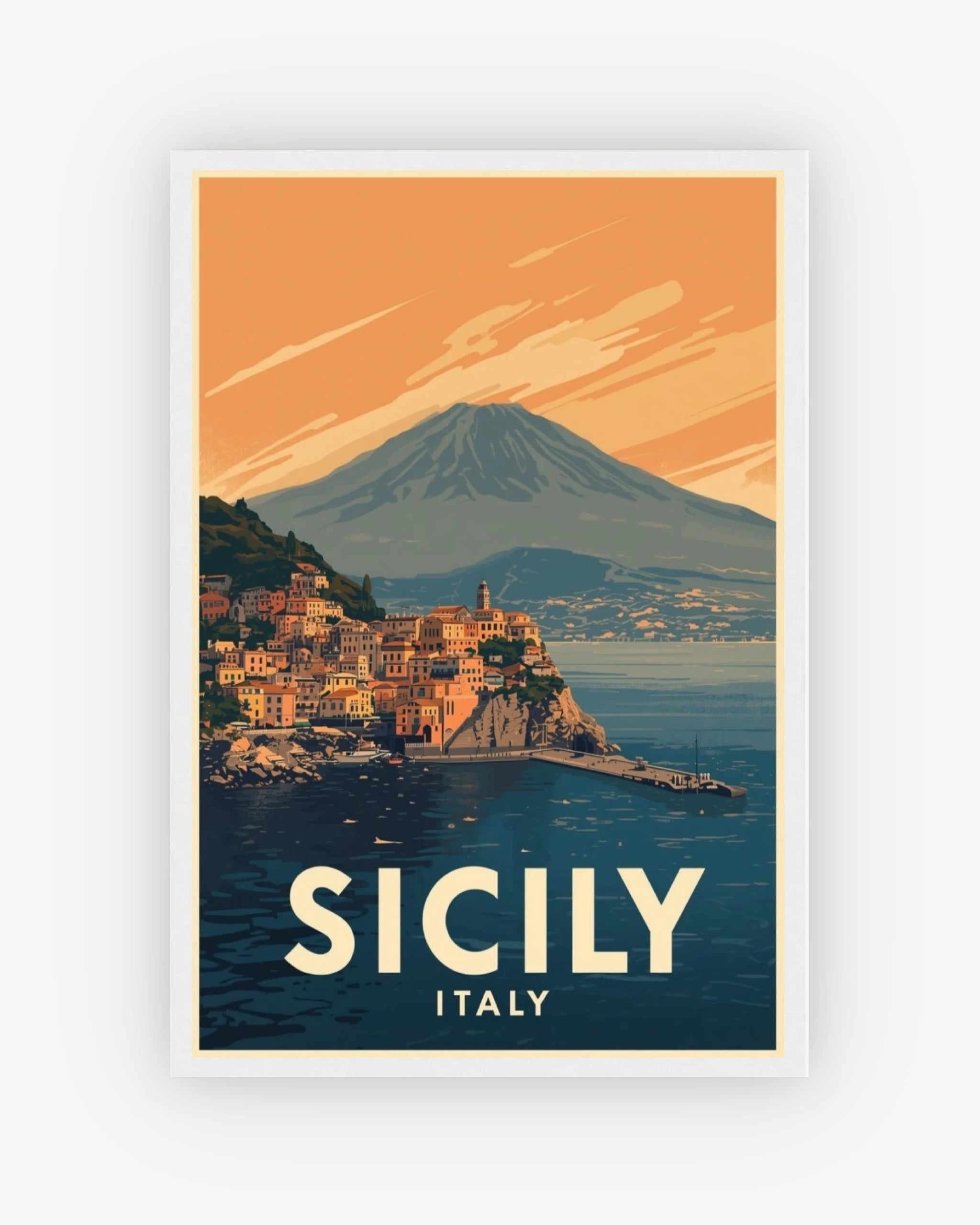 Sicily Italy travel poster with white frame